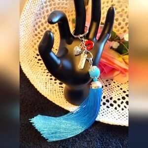 ⭐ Blue Silver Tassel Beautiful Heart Red Lips Charms 2 in 1 Keychain Purse…